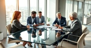 Financial advisors consulting a client about annuity payout methods in a modern office