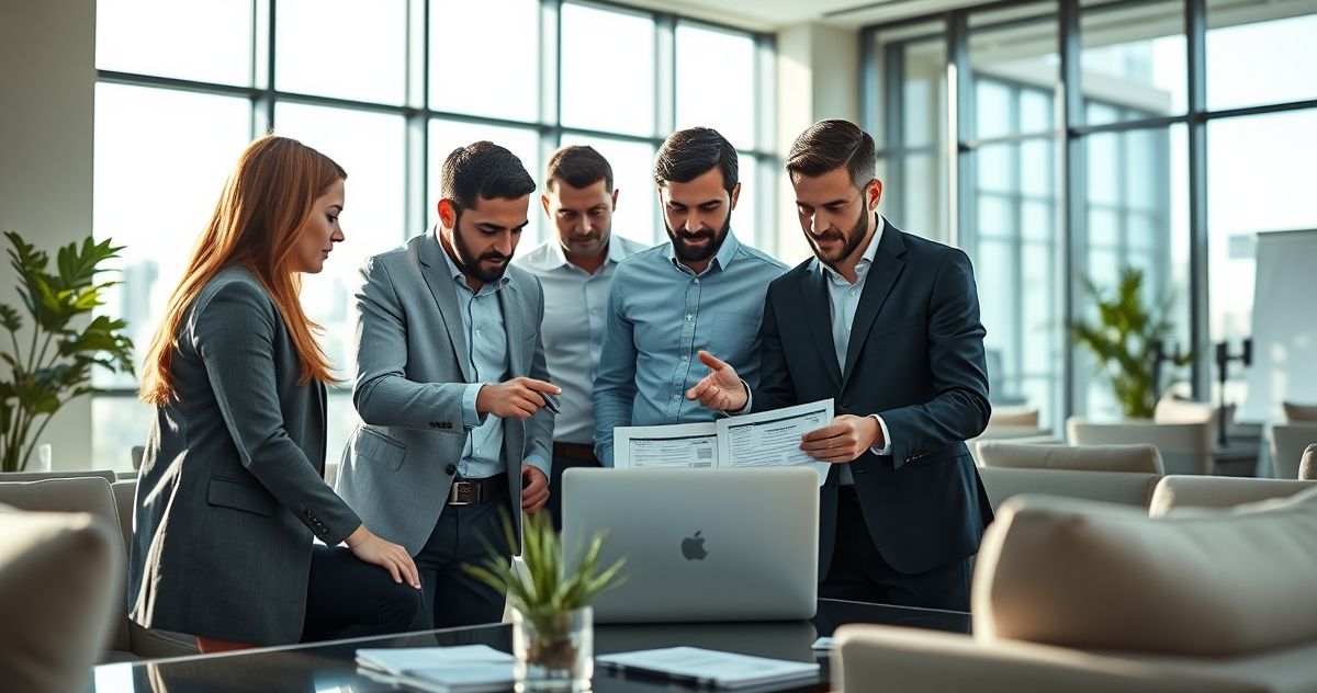 Financial professionals reviewing tax documents on a laptop in a modern office