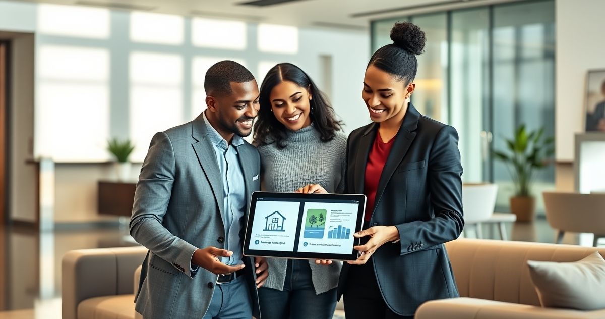 Mortgage advisor explaining FHA and conventional loan differences to a diverse young couple using a tablet and two comparison folders in a modern office.