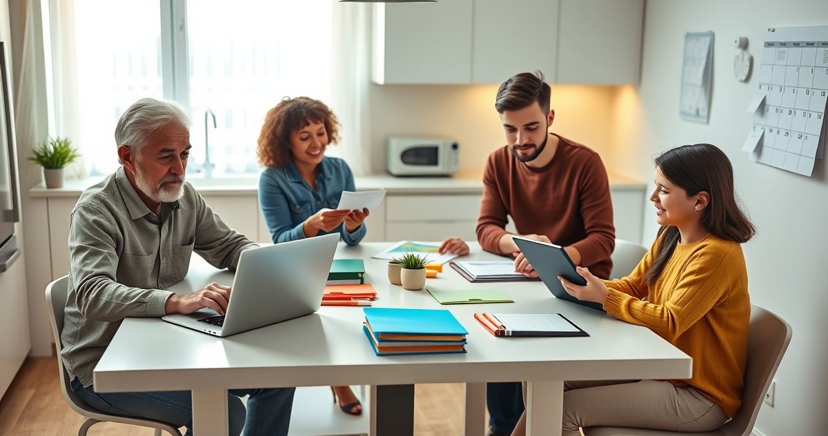 Four family members at a kitchen table organizing envelopes devices and receipts while assigning budgeting bill paying and record keeping tasks