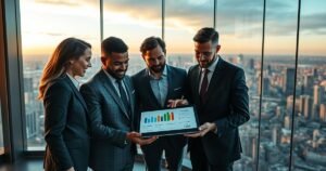 Diverse professionals analyzing a luxurious retirement plan on a tablet in a modern office with city views