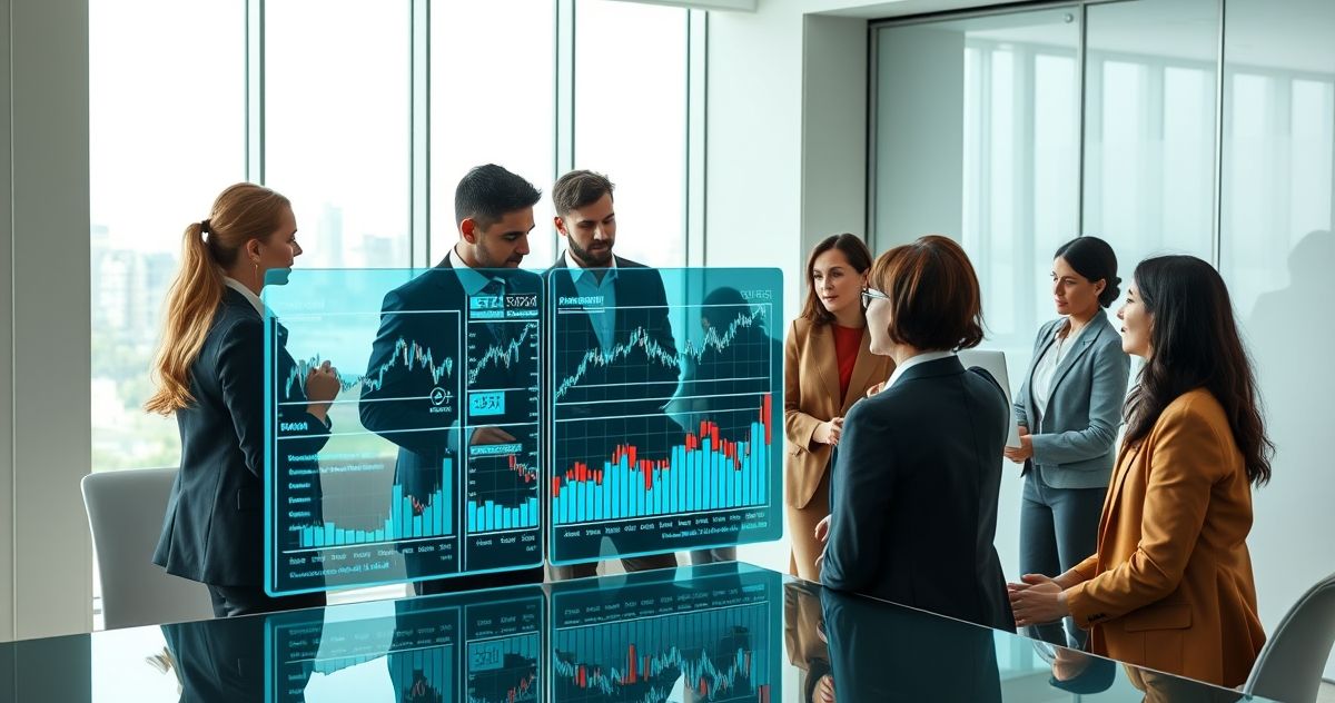 Financial professionals analyzing beta coefficient graphs on digital screens in a modern conference room