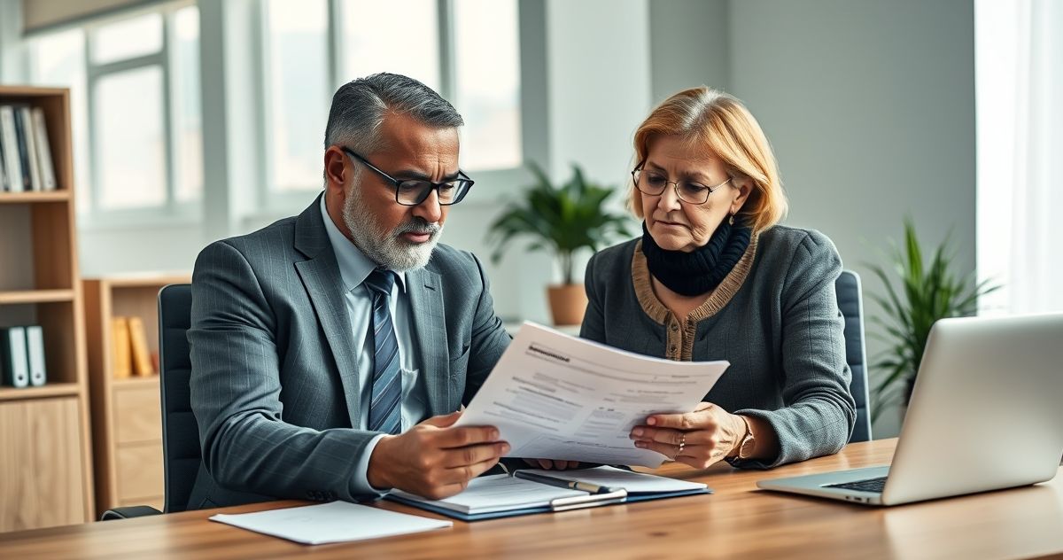 Professional guardian assisting an elderly client with financial documents in a modern office setting.