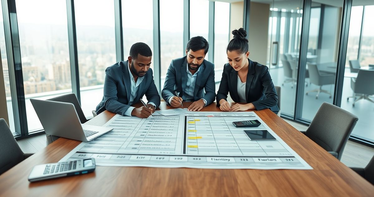 Advisor and two clients reviewing a printed financial independence timeline on a conference table with charts and a laptop