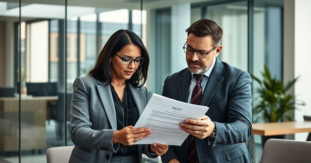 Diverse professionals discussing financial powers of appointment in a modern office setting