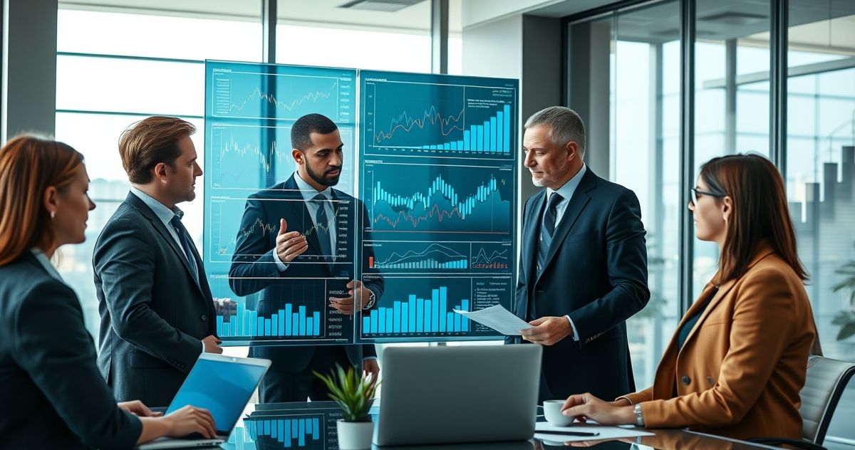 Group of diverse financial experts analyzing digital charts in a modern office environment