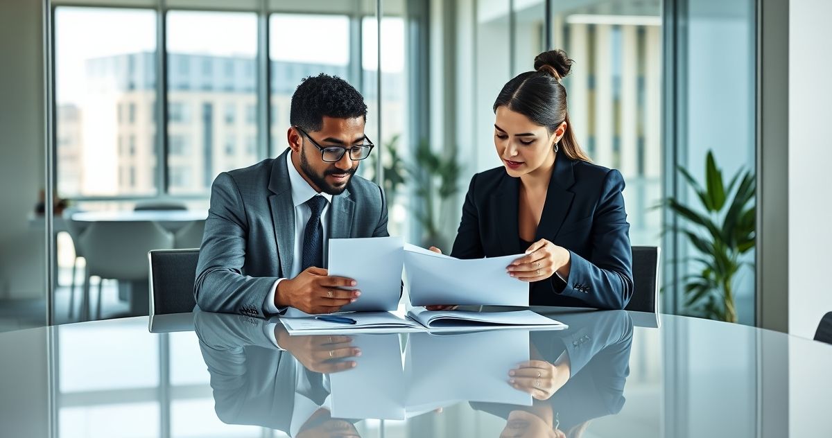 Two diverse professionals reviewing tax documents discussing international tax treaty benefits in a modern office