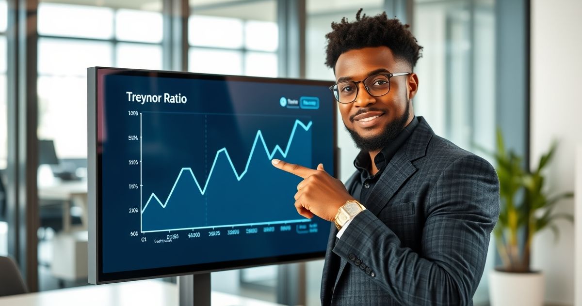 Diverse financial analyst presenting Treynor Ratio graph on a digital screen in a modern office