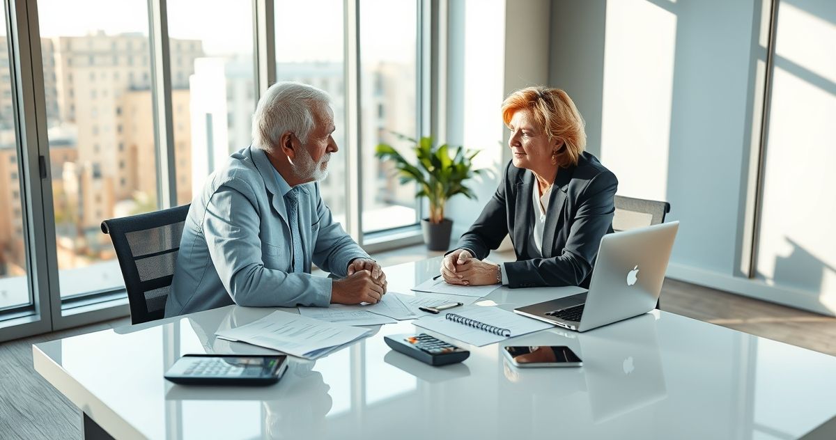 Elderly person consulting with financial advisor about Supplemental Security Income in a clean office setting