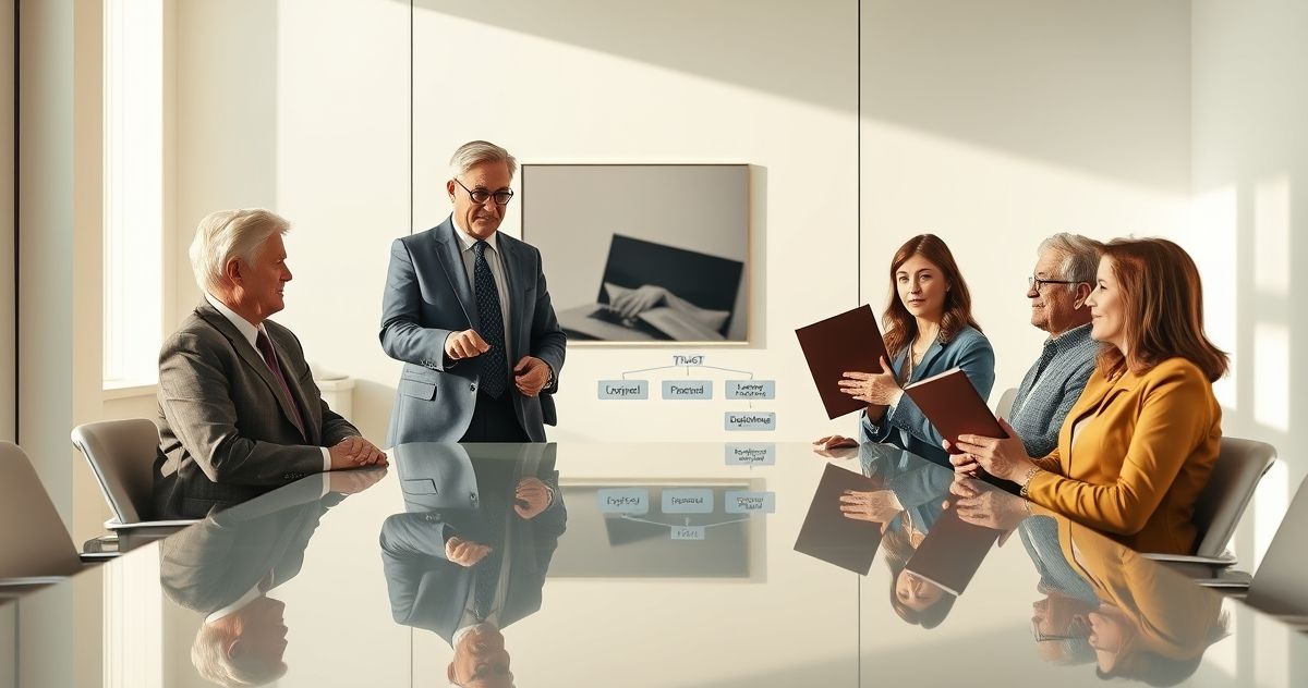 Estate attorney explains a trust flow to grandparents, their adult child, and a grandchild in a bright conference room with a tablet and trust folder.