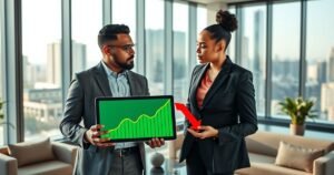 Two professionals discussing digital graphs showing good debt as upward growth and bad debt as downward decline in a modern office