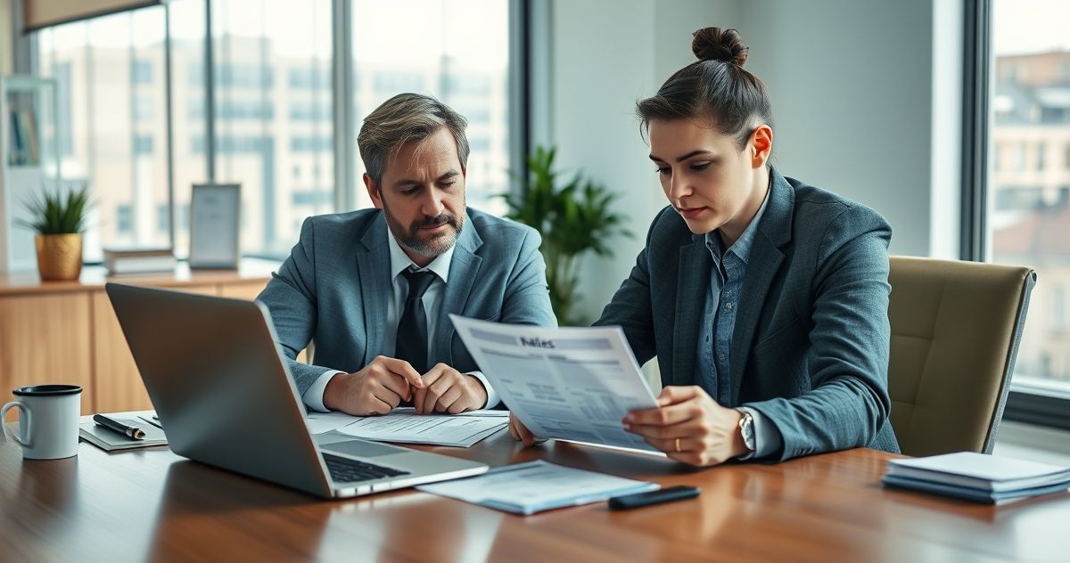 Tax advisor reviewing financial documents with client in a modern office setting.