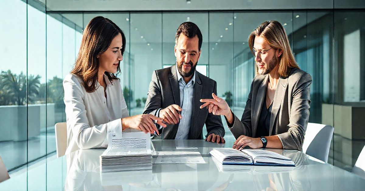Three professionals at a modern conference table comparing a lump sum document and cash with a credit card and open ledger representing HELOC