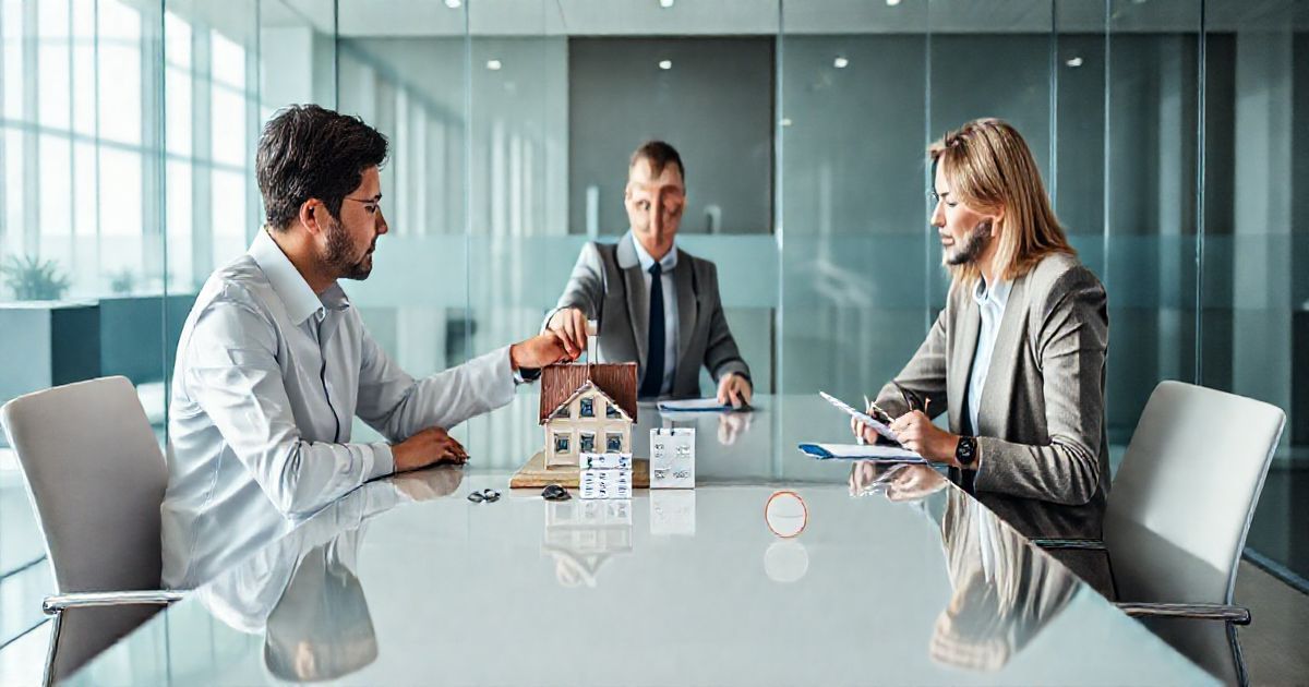 Loan officer explains late fee and grace period timeline to two clients using house model car key credit card and calendar on a conference table