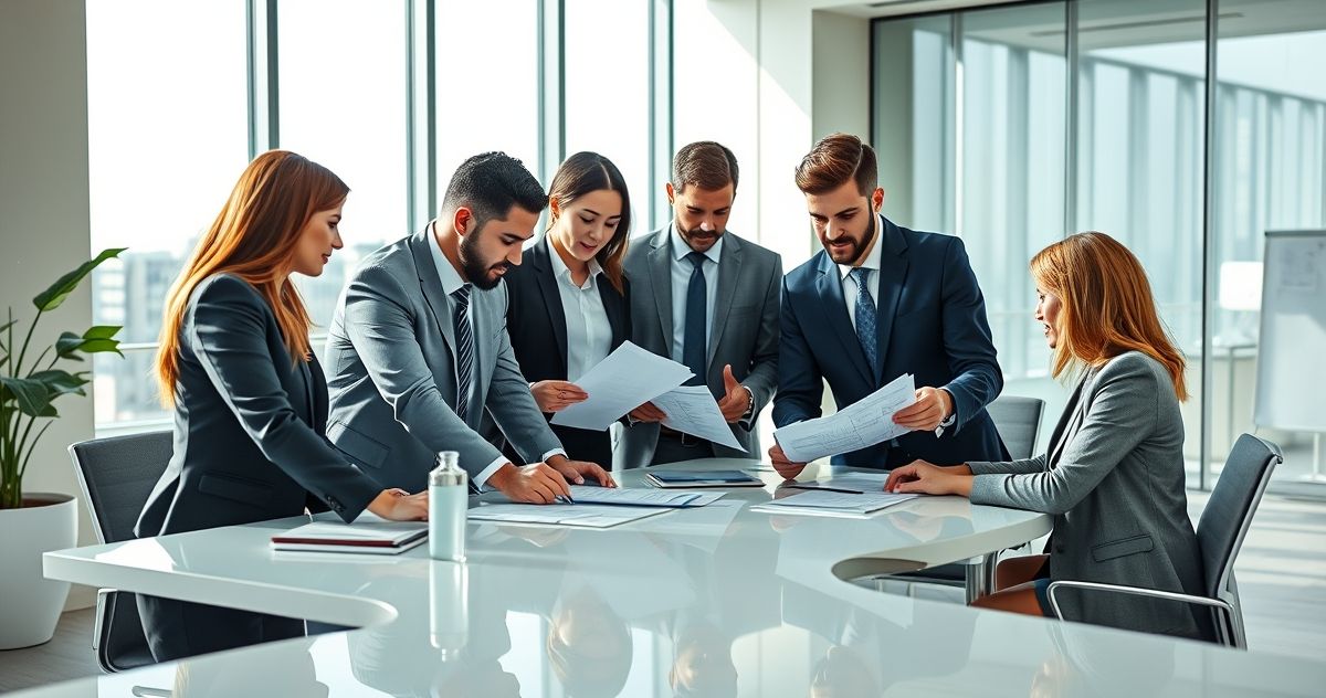 Financial professionals assisting a client with tax refund claim documents at a modern office desk