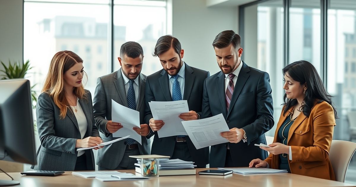 Professional IRS agents and financial advisors analyzing tax documents in a modern office