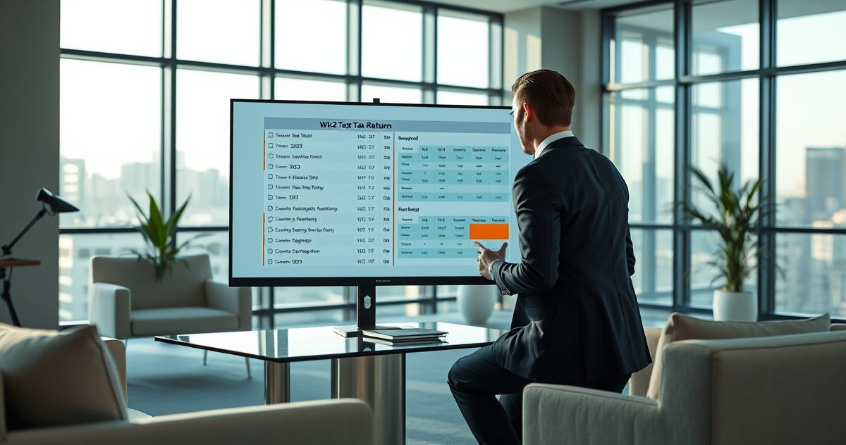 Two professionals in an office reviewing a monitor that compares a tax return with W2 and 1099 records highlighting discrepancies