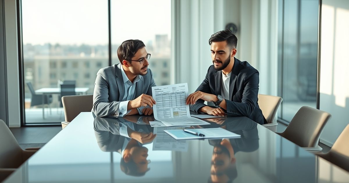 Tax advisor points to adjustments on a printed tax return while client listens in a modern office