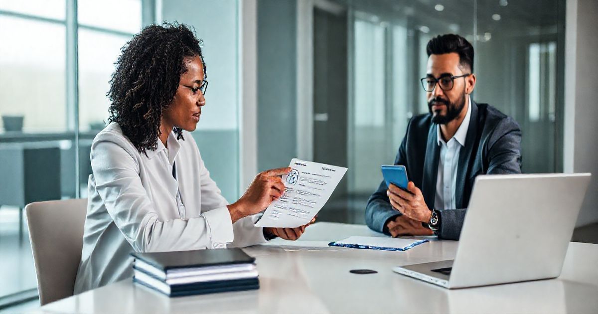 Financial advisor guiding client through an identity theft response checklist with smartphone showing locked banking app and laptop with blurred credit report on a clean meeting table