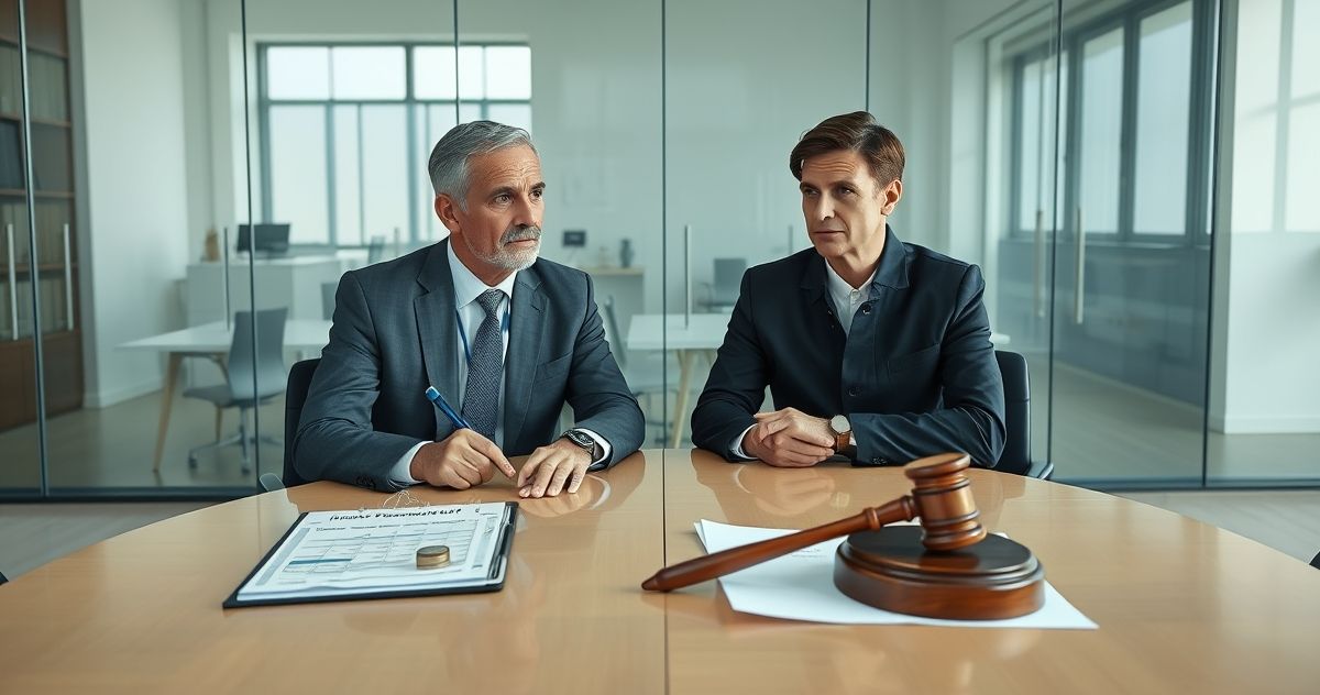 Financial advisor points to a monthly payment ledger and a wooden gavel on legal papers while advising a taxpayer in a modern conference room