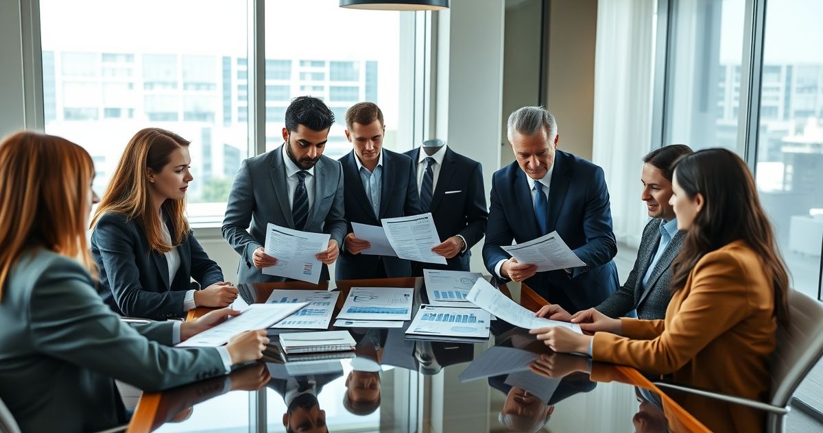 Diverse international professionals reviewing documents about cross-border income in a modern office.
