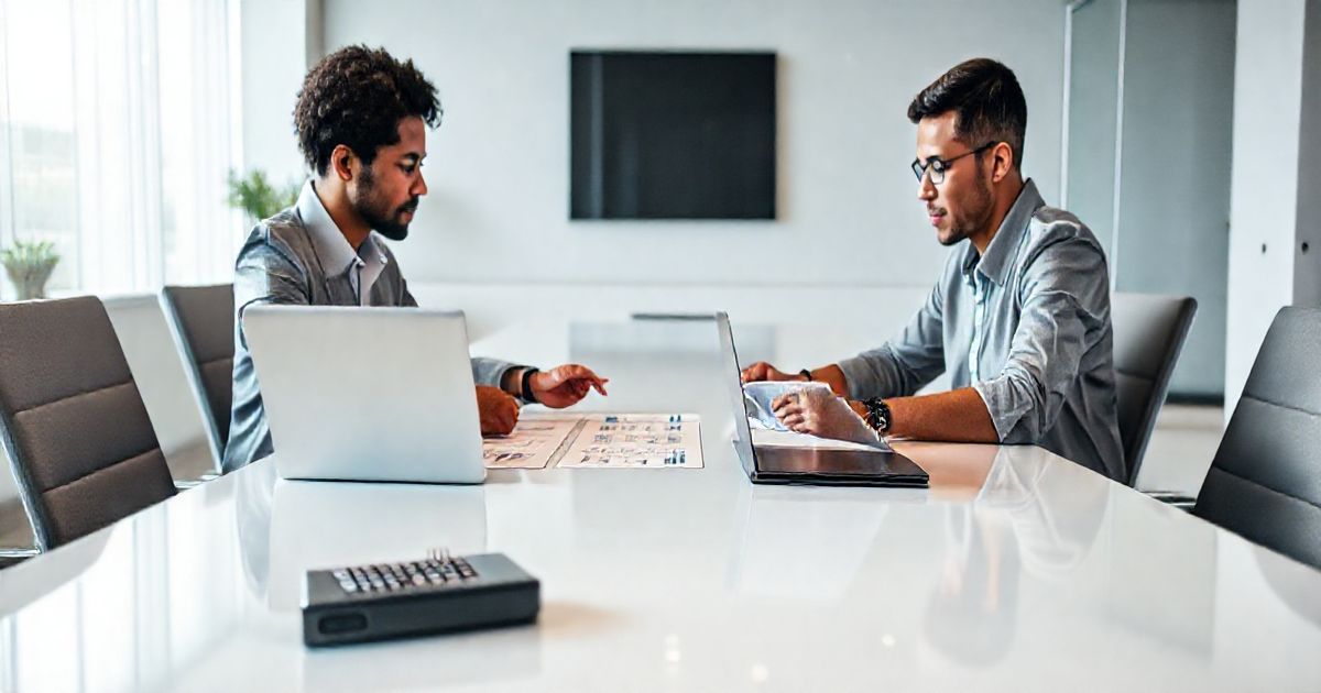 Two professionals reviewing a loan agreement with laptop charts calculator house key and credit cards on a clean table representing secured and unsecured loans
