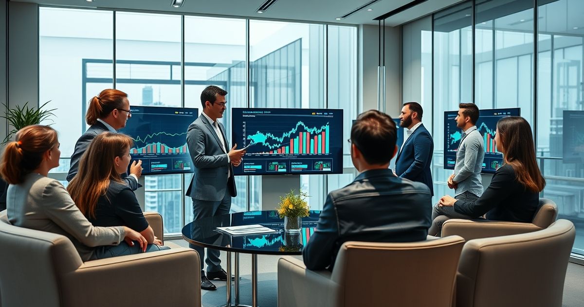 Financial professionals reviewing investment portfolios on digital screens in a modern meeting room