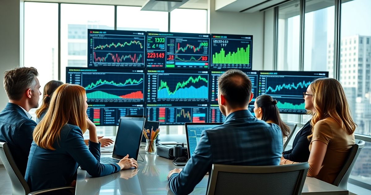 A diverse group of financial professionals reviewing investment portfolios on digital screens in a modern office setting