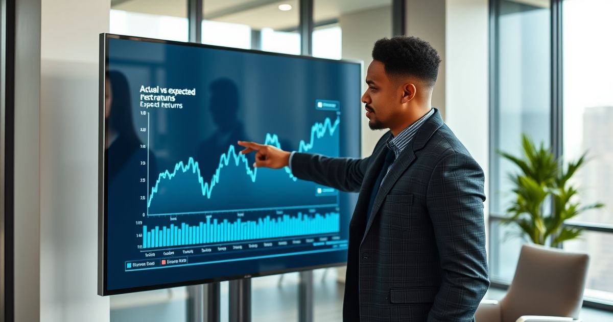 Financial analyst explaining a line graph comparing actual and expected investment returns in a modern office