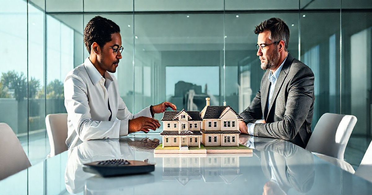 Mortgage officer and client in a modern conference room with a tablet and a scale model house discussing loan requirements