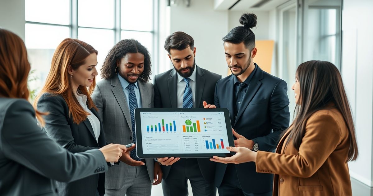 Professionals reviewing financial charts related to tax deductions and credits in a modern office