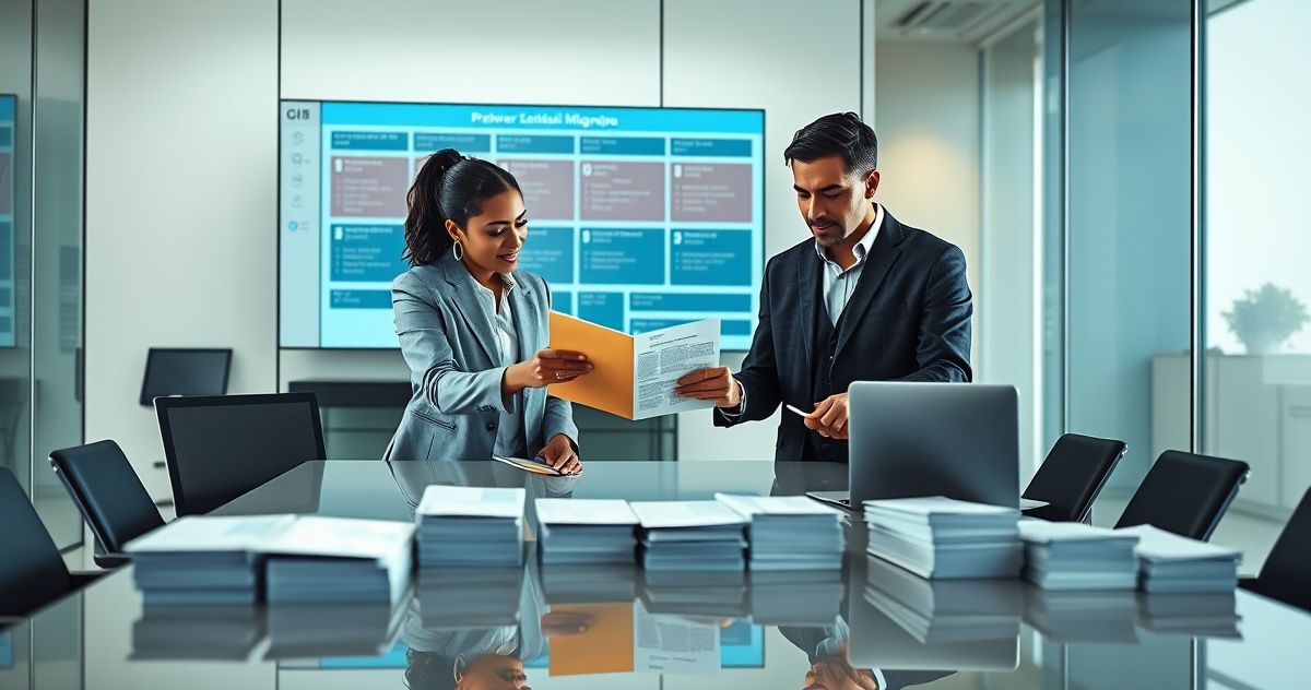 Three professionals in a modern conference room reviewing a digital migration timeline and exchanging a transfer folder to represent a loan servicing transfer.