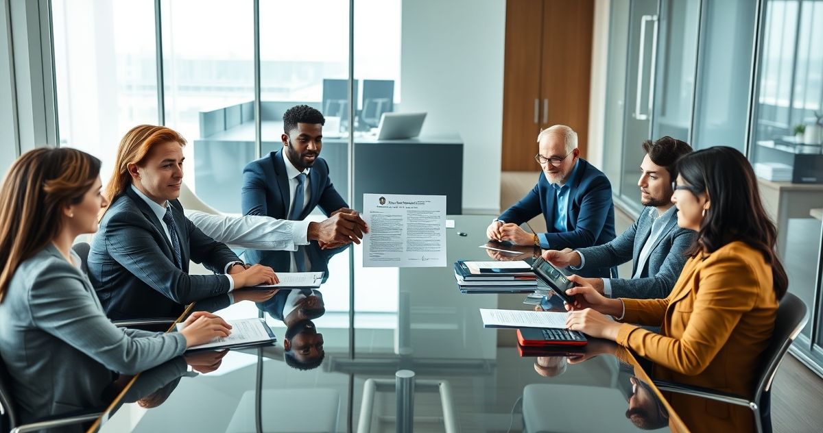 Professionals exchanging signed loan documents during business meeting in corporate office