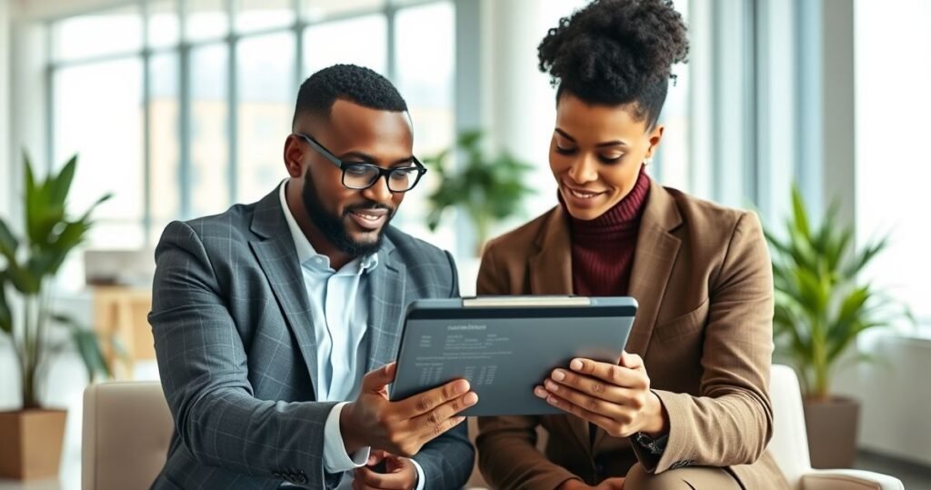 Financial advisor and client examining a loan amortization schedule on a digital tablet in a bright office setting