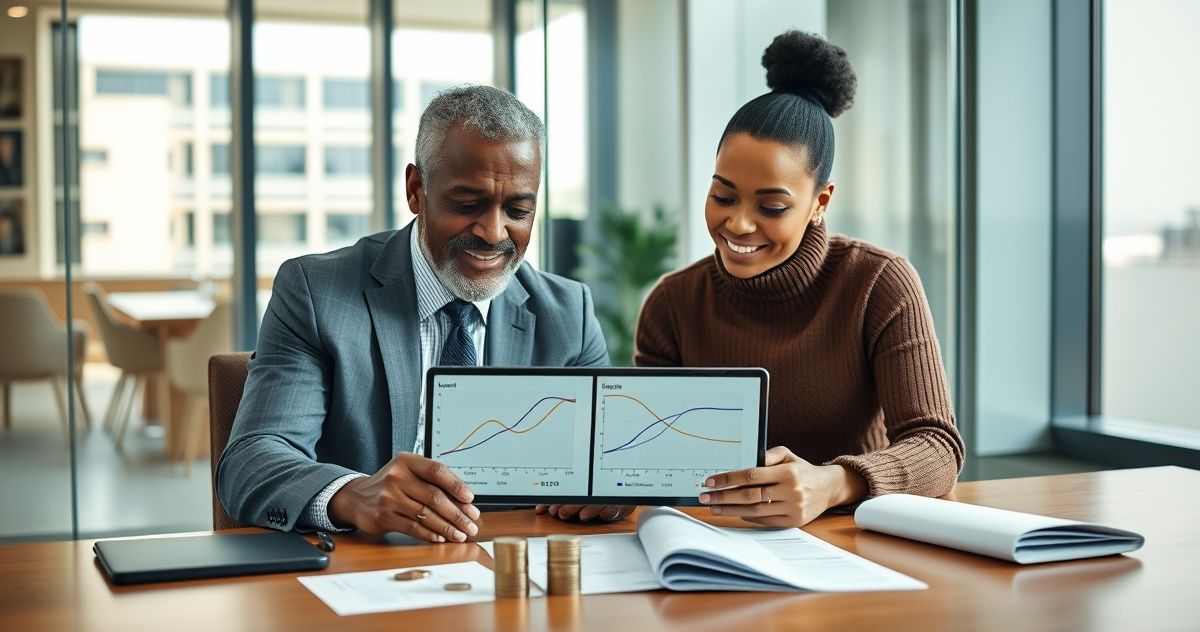 Loan officer and homeowner compare two amortization curves on a tablet with coins on the table illustrating reduced total interest after a loan modification