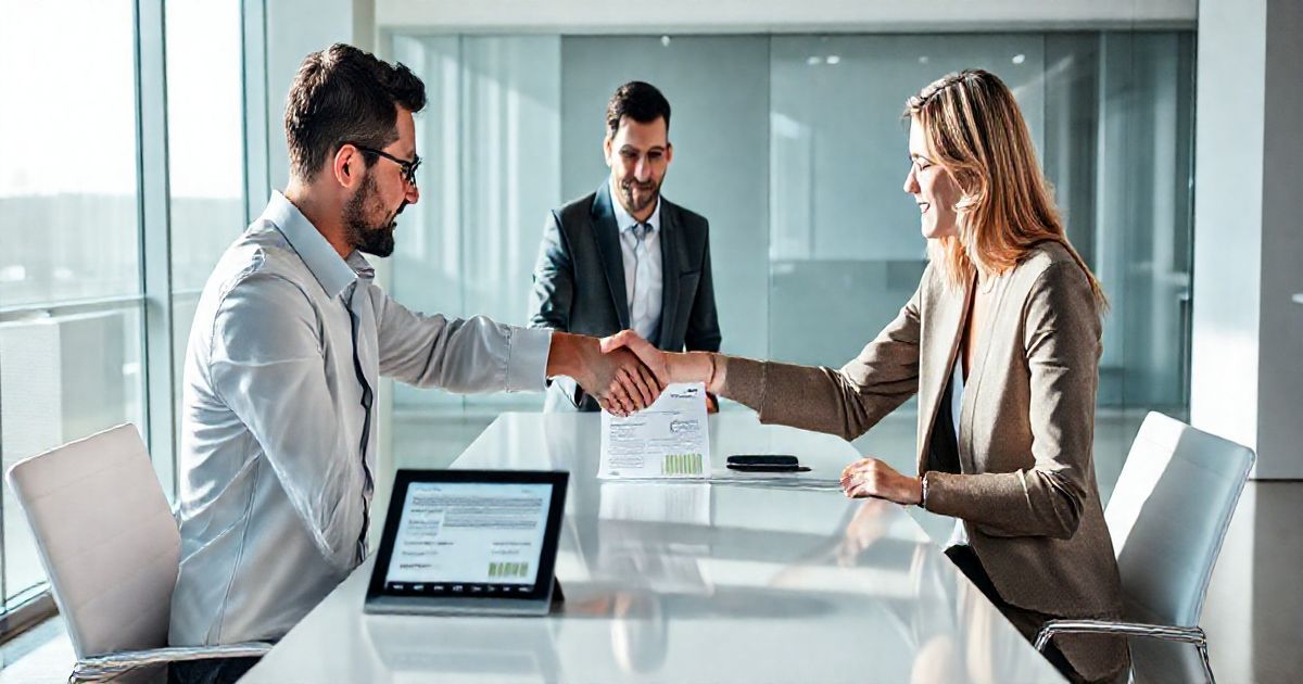 Three professionals at a conference table finalize a loan settlement as they shake hands with a printed agreement and a tablet showing a reduced loan balance