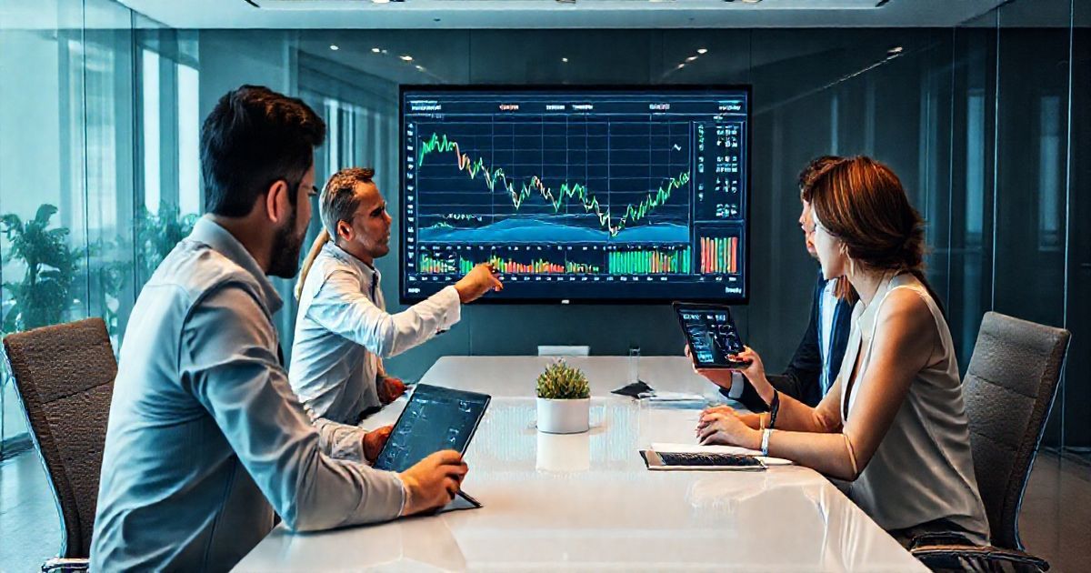 Two finance professionals examine a monitor with layered currency graphs and hedging overlays while reviewing a tablet in a modern trading office, illustrating currency risk management strategies