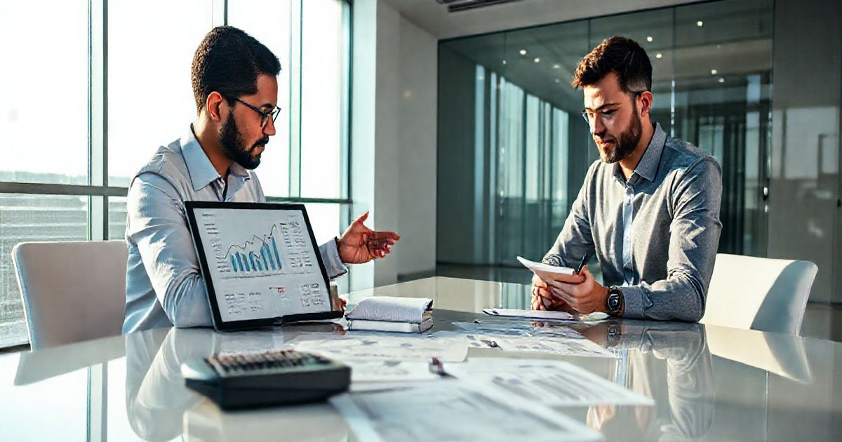 Financial advisor points at tablet with withholding calculations while borrower takes notes at a neat conference table with tax documents and calculator.