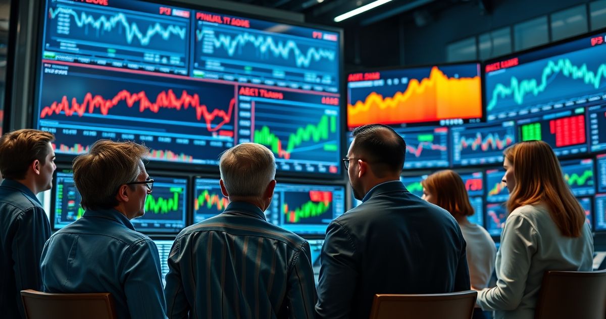 Financial professionals reviewing digital stock charts and discussing year-end mark-to-market valuations in a modern office