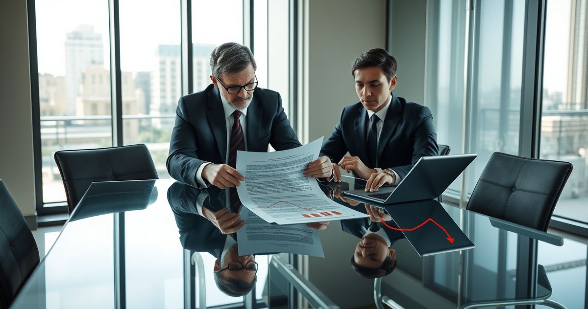 Three professionals at a glass conference table reviewing a loan document with a circled clause while a tablet shows declining financial charts.