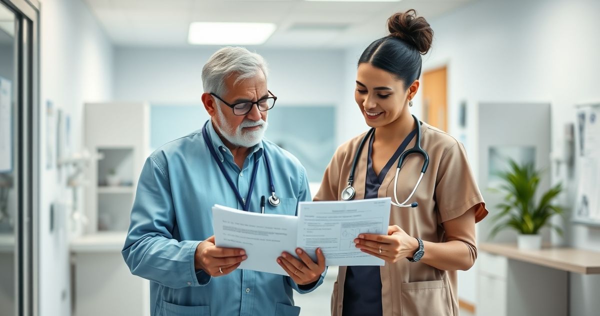 Two healthcare professionals discussing patient care documents symbolizing Medicare and Medicaid differences in a modern medical office