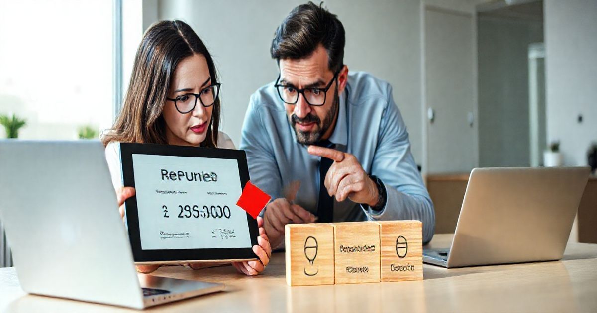 Tax advisor pointing at a tablet showing a reduced refund with arrows diverting money toward blocks representing child support student loans and government debt
