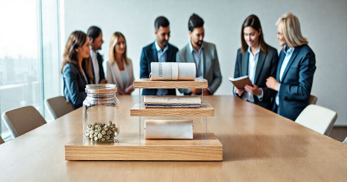 Advisor and clients examine a three tiered tabletop display representing short term medium term and long term savings options