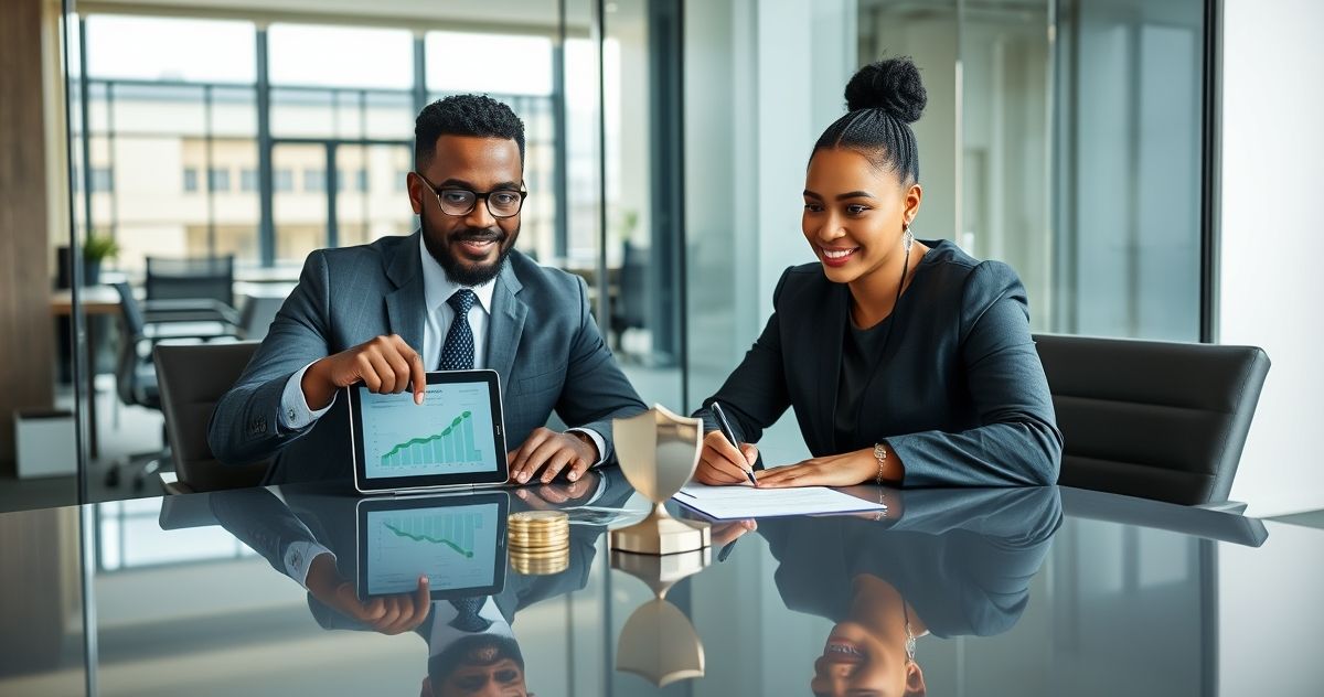 Tax advisor shows a payment timeline on a tablet as a client signs a partial payment agreement with coins and a shield paperweight on the table.