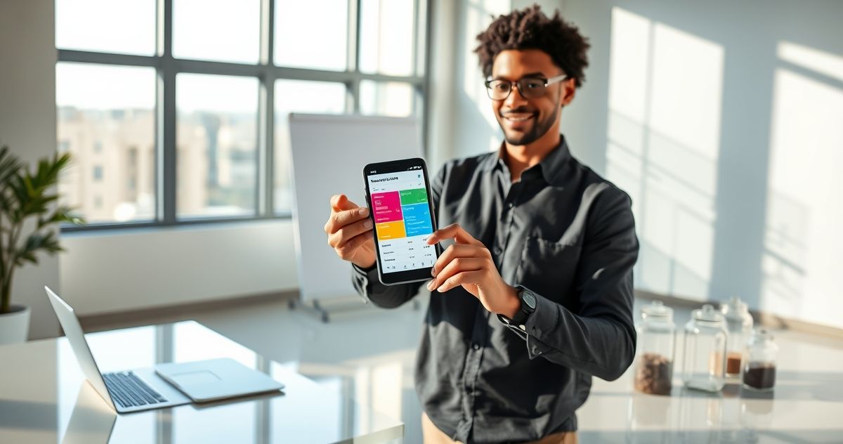 Professional tapping a smartphone showing a paycheck split into four colorful segments with a laptop and neat jars on a minimalist desk