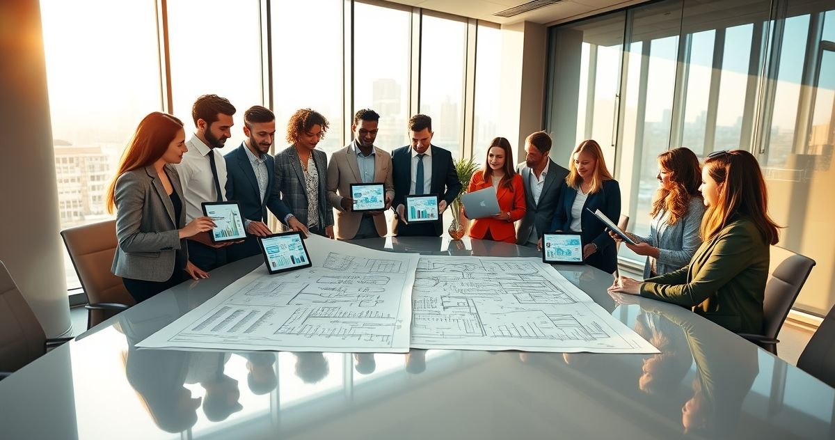 Diverse professionals analyzing progress charts and project blueprints in a modern conference room