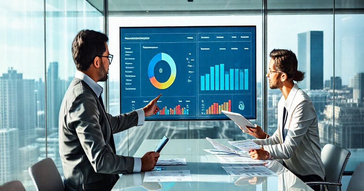 Three financial professionals in a modern conference room reviewing a portfolio dashboard that highlights a small private investments slice with icons for private equity venture capital private credit and private real estate and a lock symbol for illiquidity