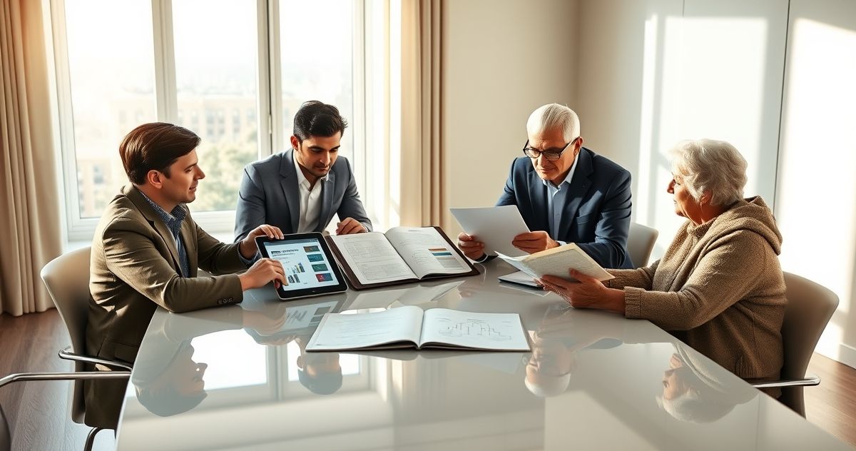 Three generation family meets with a wealth advisor around a conference table reviewing governance documents and a family tree diagram