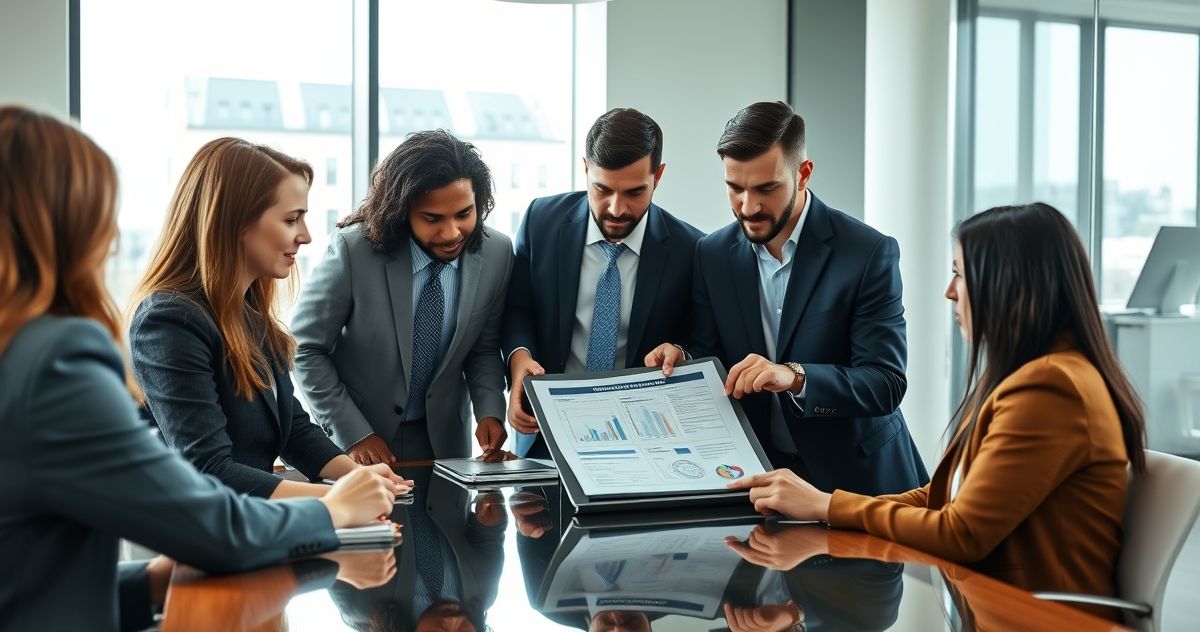 Senior founder and adult heirs with an advisor around a boardroom table reviewing a succession plan on a tablet and printed ownership chart