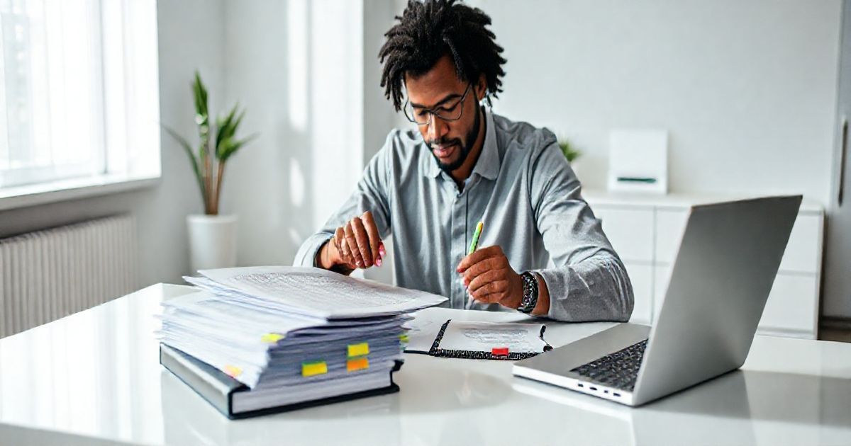 Person at a tidy desk organizing evidence with a binder highlighter planner and a laptop in a modern office preparing to represent themselves at an IRS appeals conference